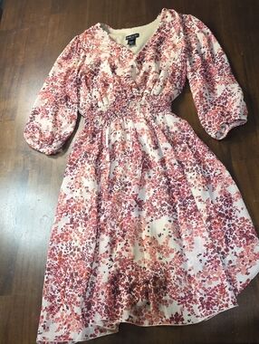 Kate And Lily Pink Floral Midi Dress with Smocked Waist